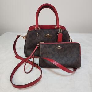 Coach Mini Lillie Carryall Purse & Wallet Set Dark Brown Red Crimson Crossbody
